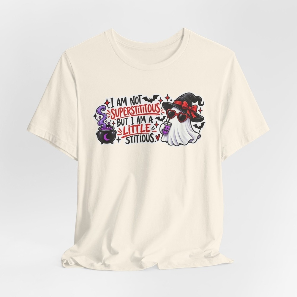 Three Dog Acres I Am A Little Stitious Halloween Ghost Graphic T-Shirt Cream